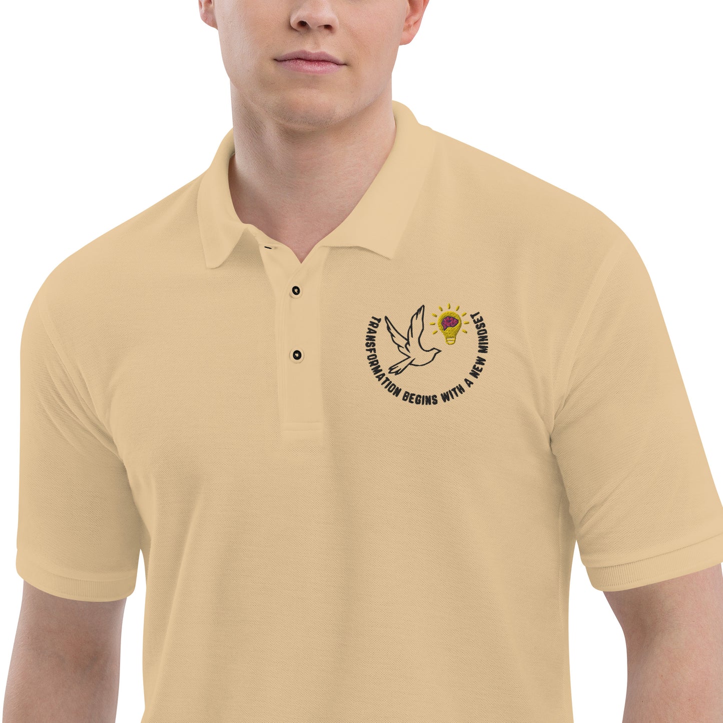 Premium Polo | Better Outcomes | Slogan | Transformation Begins with a New Mindset | White and Stone - Better Outcomes
