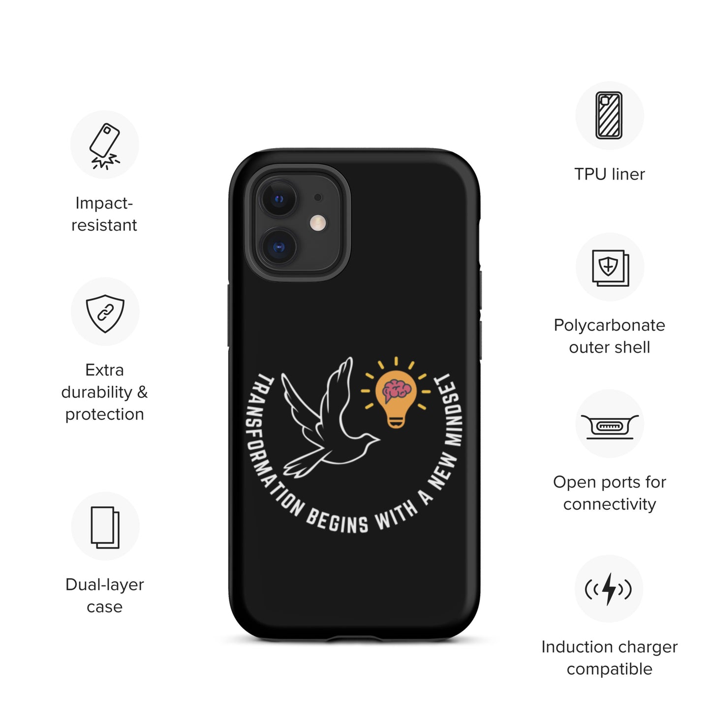 Tough iPhone case | Better Outcomes | Slogan | Transformation Begins with a New Mindset | Black - Better Outcomes